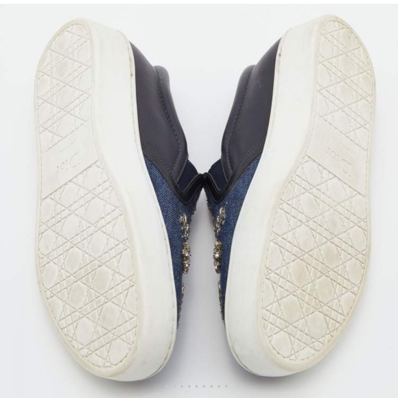 Dior Blue/Black Denim and Leather Happy Crystals Slip On Sneakers 36 1/2 - Picture 6 of 12